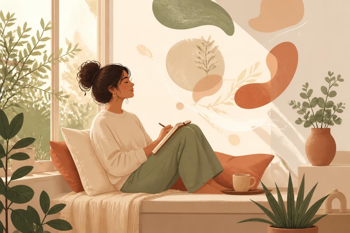 A calm illustration of a person journaling by a sunlit window, surrounded by soft plants and warm shapes representing emotional clarity.